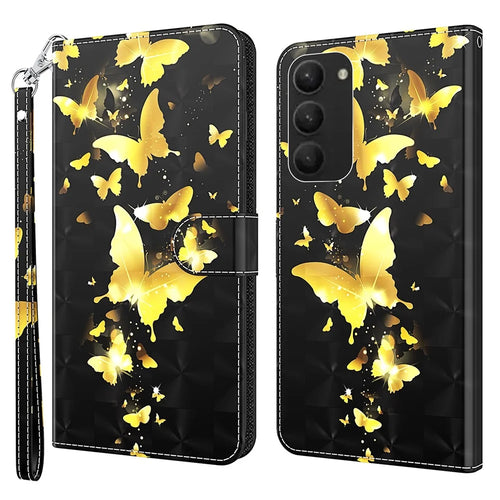 For Samsung Galaxy S24+ Leather 3D Pattern Case Flip Wrist Strap Cell Phone Cover - Golden Butterfly - 1
