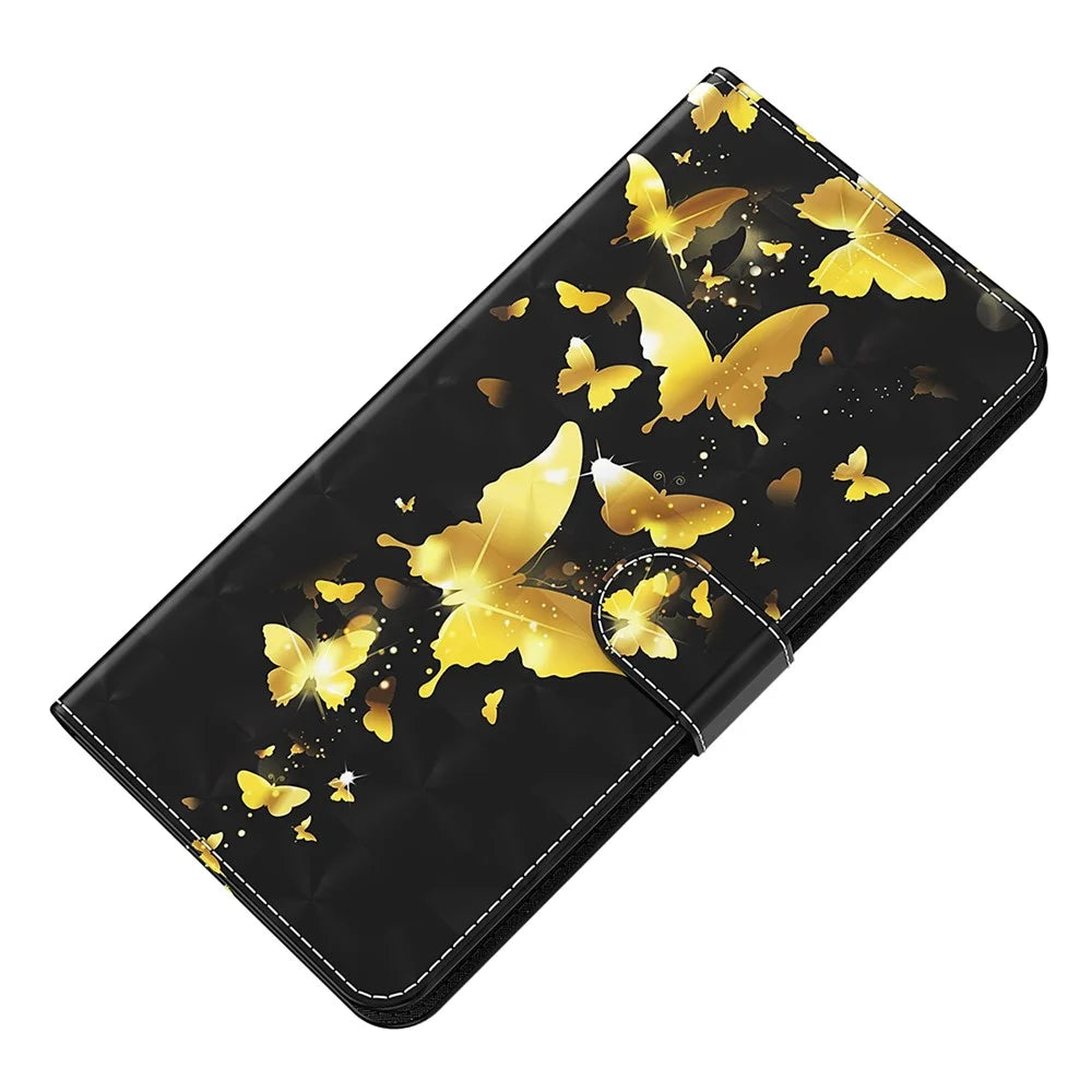 For Samsung Galaxy S24+ Leather 3D Pattern Case Flip Wrist Strap Cell Phone Cover - Golden Butterfly - 4