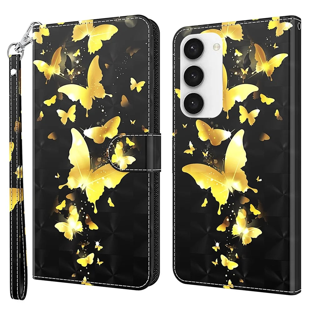 For Samsung Galaxy S24 Leather Phone Case Flip Wallet 3D Pattern Printing Cover - Golden Butterfly - 1