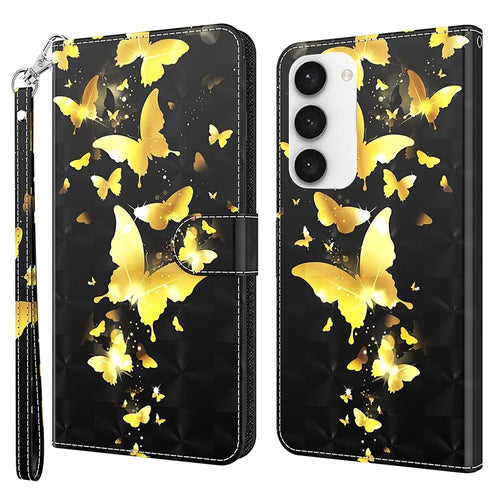 For Samsung Galaxy S24 Leather Phone Case Flip Wallet 3D Pattern Printing Cover - Golden Butterfly - 1