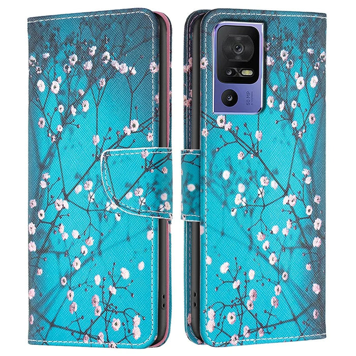 For TCL 40 SE Leather Case Pattern Printing Wallet Stand Cover - Plum Blossom - 1