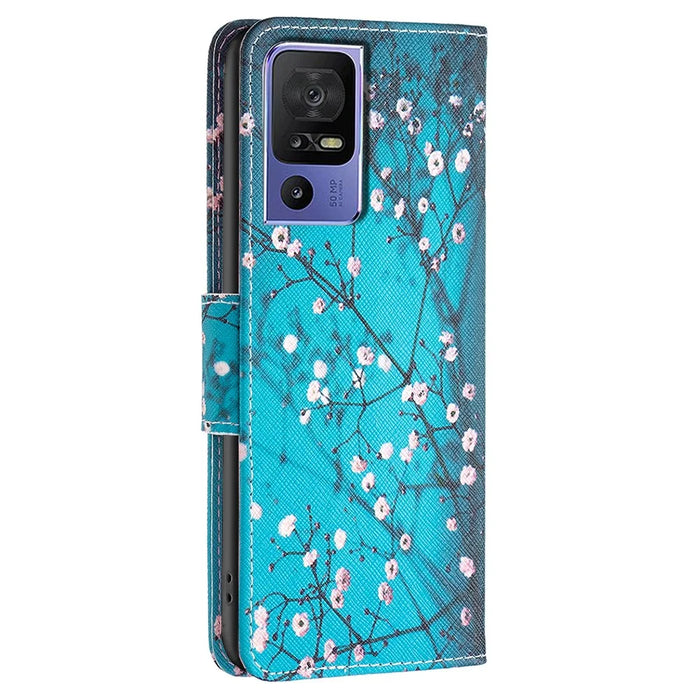 For TCL 40 SE Leather Case Pattern Printing Wallet Stand Cover - Plum Blossom - 5