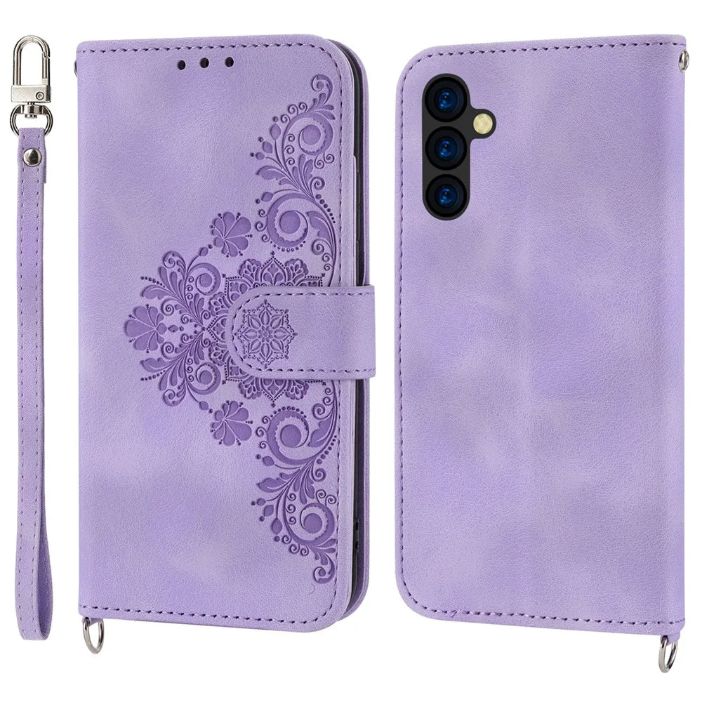 For Samsung Galaxy A35 5G Cell Phone Case TPU+PU Leather Flower Imprinted Cover with Straps - Light Purple - 1