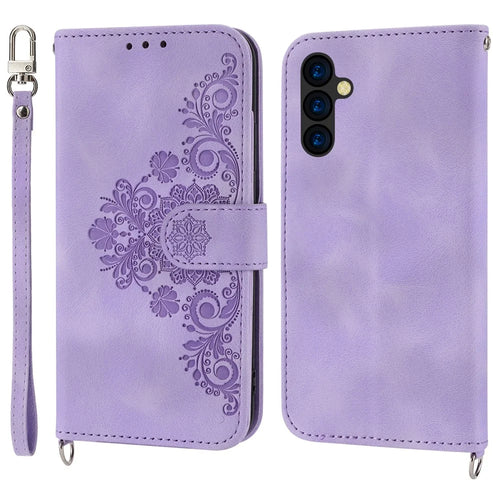 For Samsung Galaxy A35 5G Cell Phone Case TPU+PU Leather Flower Imprinted Cover with Straps - Light Purple - 1