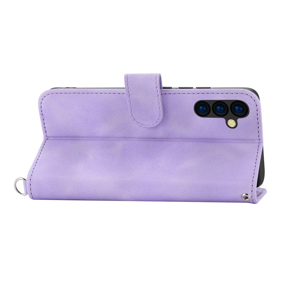 For Samsung Galaxy A35 5G Cell Phone Case TPU+PU Leather Flower Imprinted Cover with Straps - Light Purple - 4