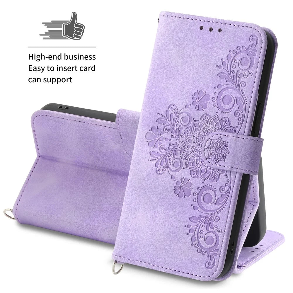 For Samsung Galaxy A35 5G Cell Phone Case TPU+PU Leather Flower Imprinted Cover with Straps - Light Purple - 7