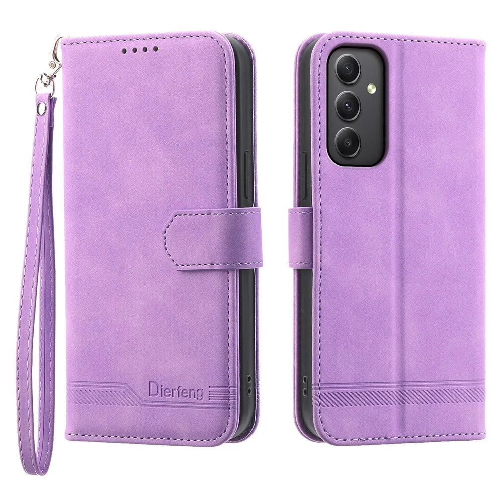 DIERFENG DF-03 For Samsung Galaxy A35 5G Case PU Leather Lines Imprinted Phone Stand Cover - Purple - 1