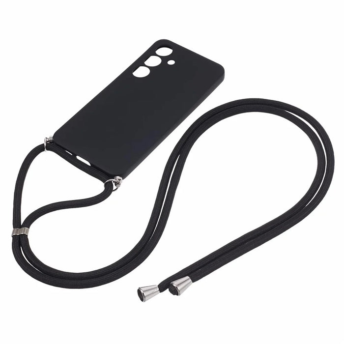 For Samsung Galaxy S24+ TPU Phone Case Rubberized Fiber Inner Lining Protective Shell with Lanyard - Black - 2