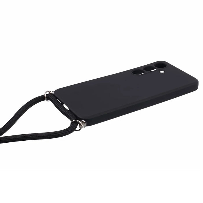 For Samsung Galaxy S24+ TPU Phone Case Rubberized Fiber Inner Lining Protective Shell with Lanyard - Black - 3