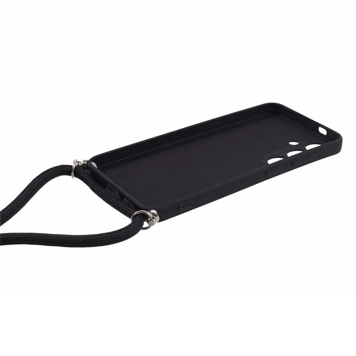 For Samsung Galaxy S24+ TPU Phone Case Rubberized Fiber Inner Lining Protective Shell with Lanyard - Black - 4