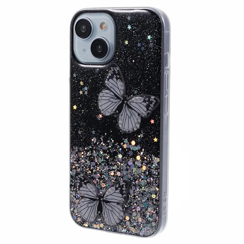 Butterfly Decor Sparkle Epoxy Cover For iPhone 15 Phone Case AW Series TPU+PVC Shell - Black - 1