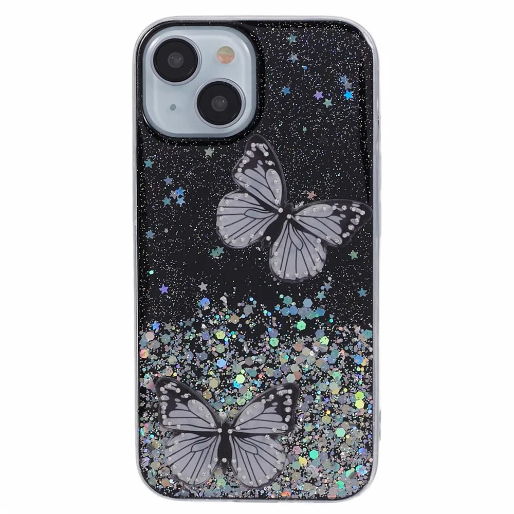 Butterfly Decor Sparkle Epoxy Cover For iPhone 15 Phone Case AW Series TPU+PVC Shell - Black - 3