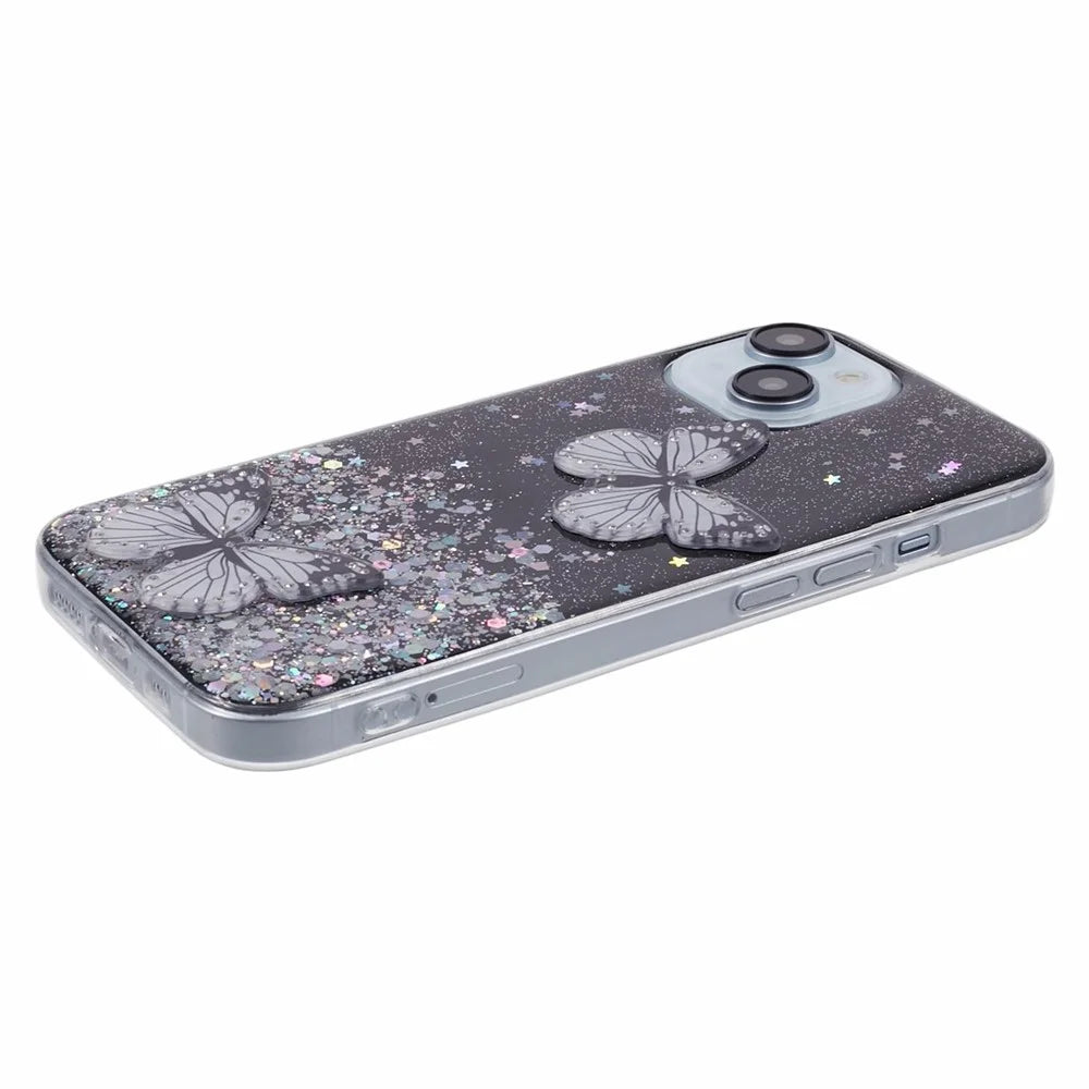 Butterfly Decor Sparkle Epoxy Cover For iPhone 15 Phone Case AW Series TPU+PVC Shell - Black - 4