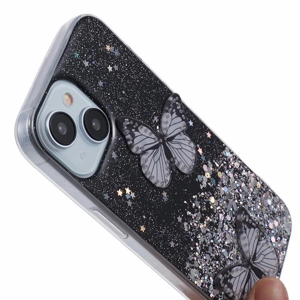 Butterfly Decor Sparkle Epoxy Cover For iPhone 15 Phone Case AW Series TPU+PVC Shell - Black - 6