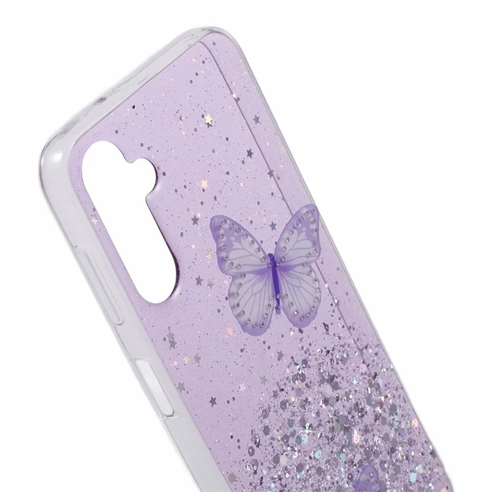 For Samsung Galaxy A54 5G Case AW Series TPU+PVC Butterfly Decor Sparkle Epoxy Cover - Purple - 6