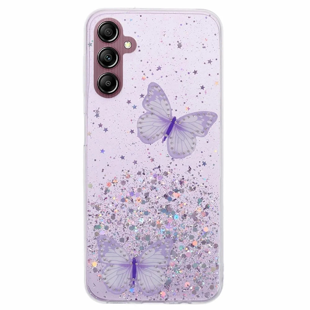 For Samsung Galaxy A14 4G / 5G Case AW Series Epoxy Butterfly Decor TPU+PVC Shockproof Cover - Purple - 1