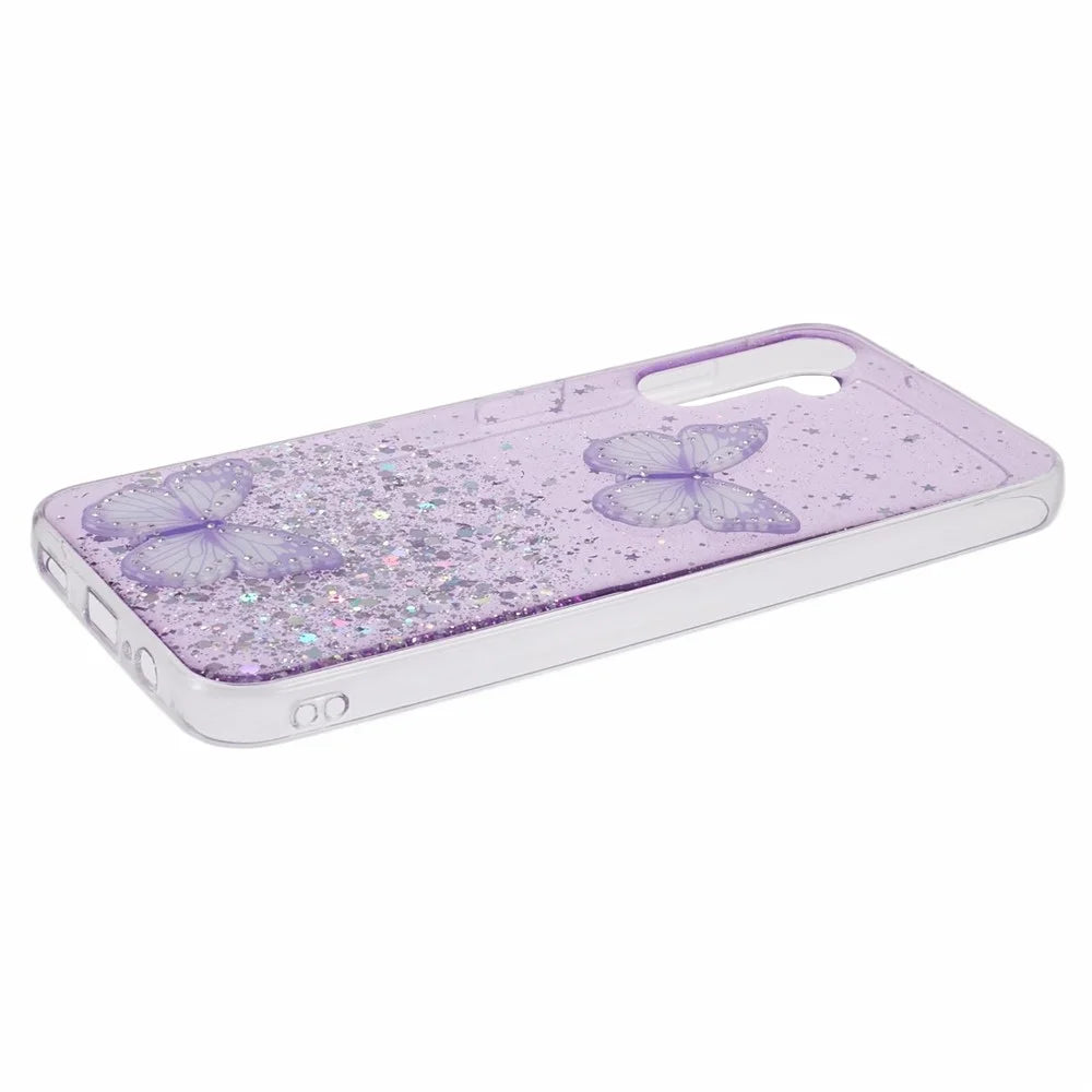 For Samsung Galaxy A34 5G Case AW Series TPU+PVC Cover Sparkle Epoxy Butterfly Decor Anti-scratch Case - Purple - 4