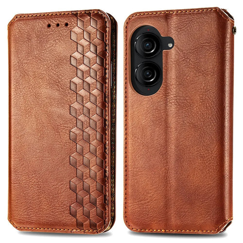 For Asus Zenfone 10 5G PU Leather Case Rhombus Imprint Wallet Stand Phone Cover - Brown - 1