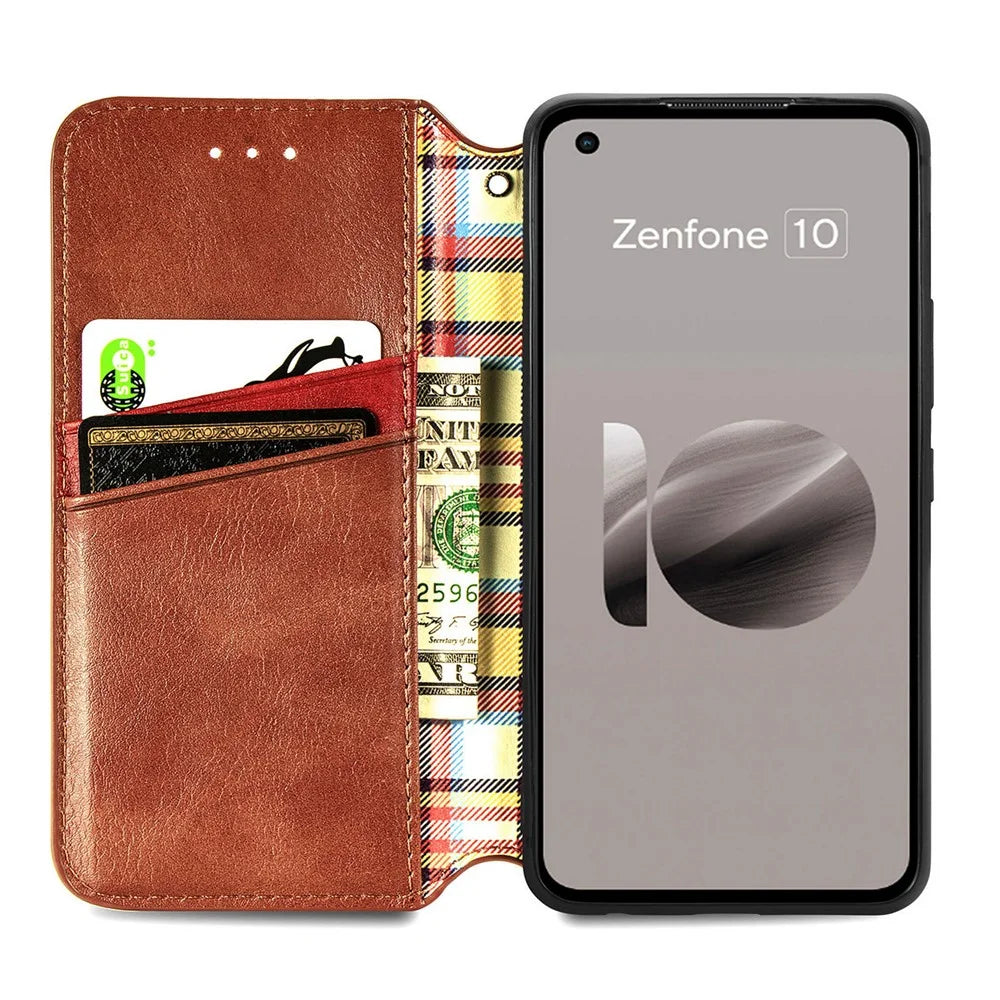 For Asus Zenfone 10 5G PU Leather Case Rhombus Imprint Wallet Stand Phone Cover - Brown - 2