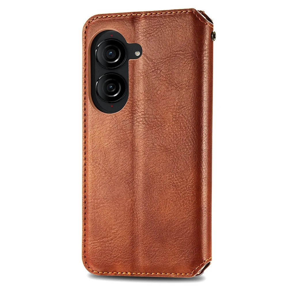 For Asus Zenfone 10 5G PU Leather Case Rhombus Imprint Wallet Stand Phone Cover - Brown - 6