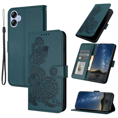 For Samsung Galaxy A05 4G Phone Cases Mandala Flower Leather Wallet Mobile Cover with Strap - Blackish Green - 1