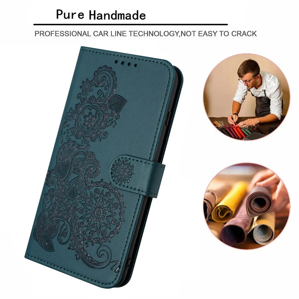 For Samsung Galaxy A05 4G Phone Cases Mandala Flower Leather Wallet Mobile Cover with Strap - Blackish Green - 5