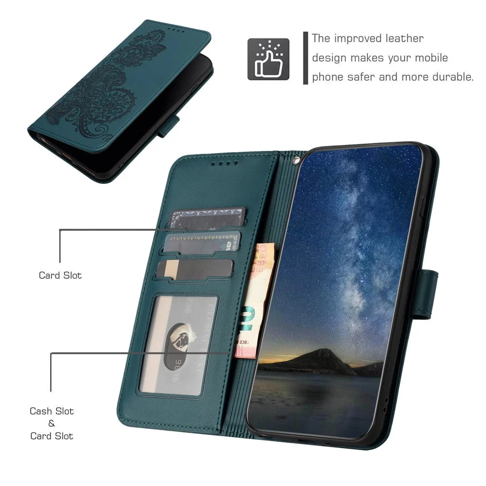 For Samsung Galaxy A05 4G Phone Cases Mandala Flower Leather Wallet Mobile Cover with Strap - Blackish Green - 7