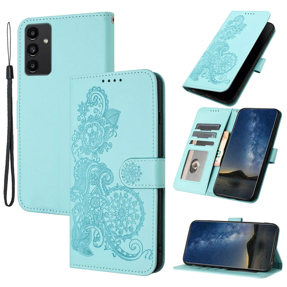For Samsung Galaxy A05s 4G Phone Cases Mandala Flower Leather Wallet Mobile Cover with Strap - Baby Blue - 1