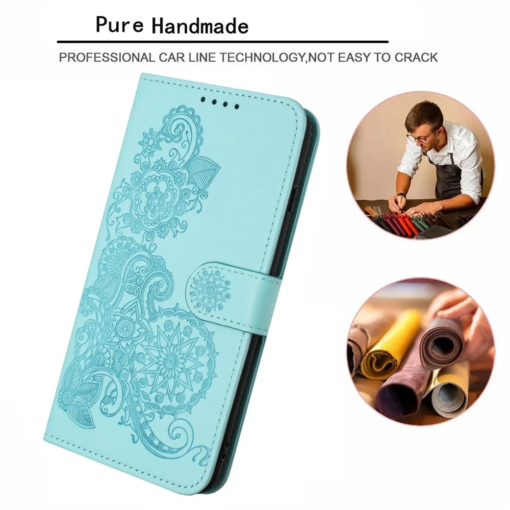 For Samsung Galaxy A05s 4G Phone Cases Mandala Flower Leather Wallet Mobile Cover with Strap - Baby Blue - 5