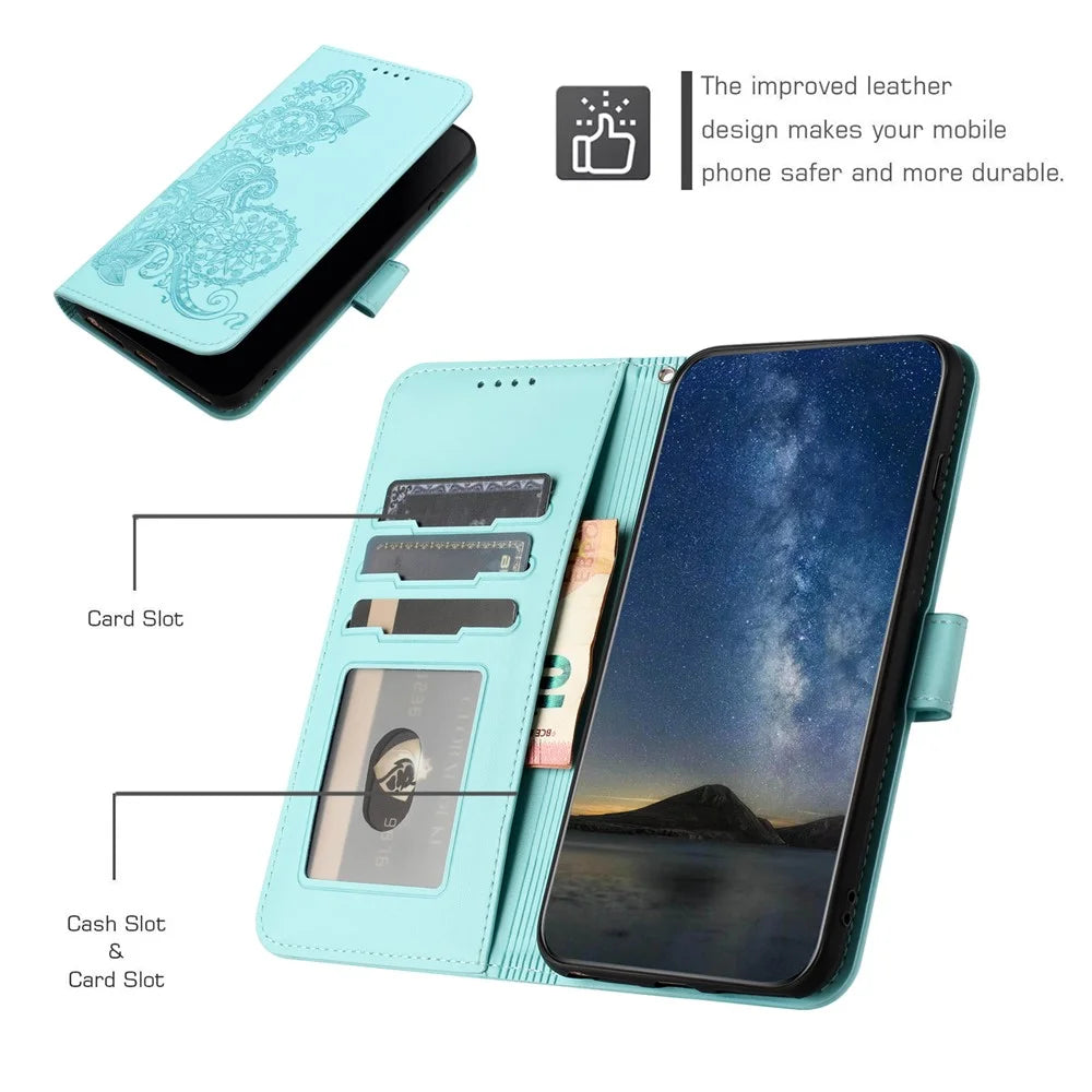 For Samsung Galaxy A05s 4G Phone Cases Mandala Flower Leather Wallet Mobile Cover with Strap - Baby Blue - 7
