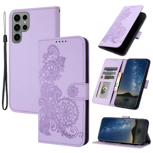 For Samsung Galaxy S24 Ultra Phone Cases Mandala Flower Leather Wallet Mobile Cover with Strap - Purple - 1