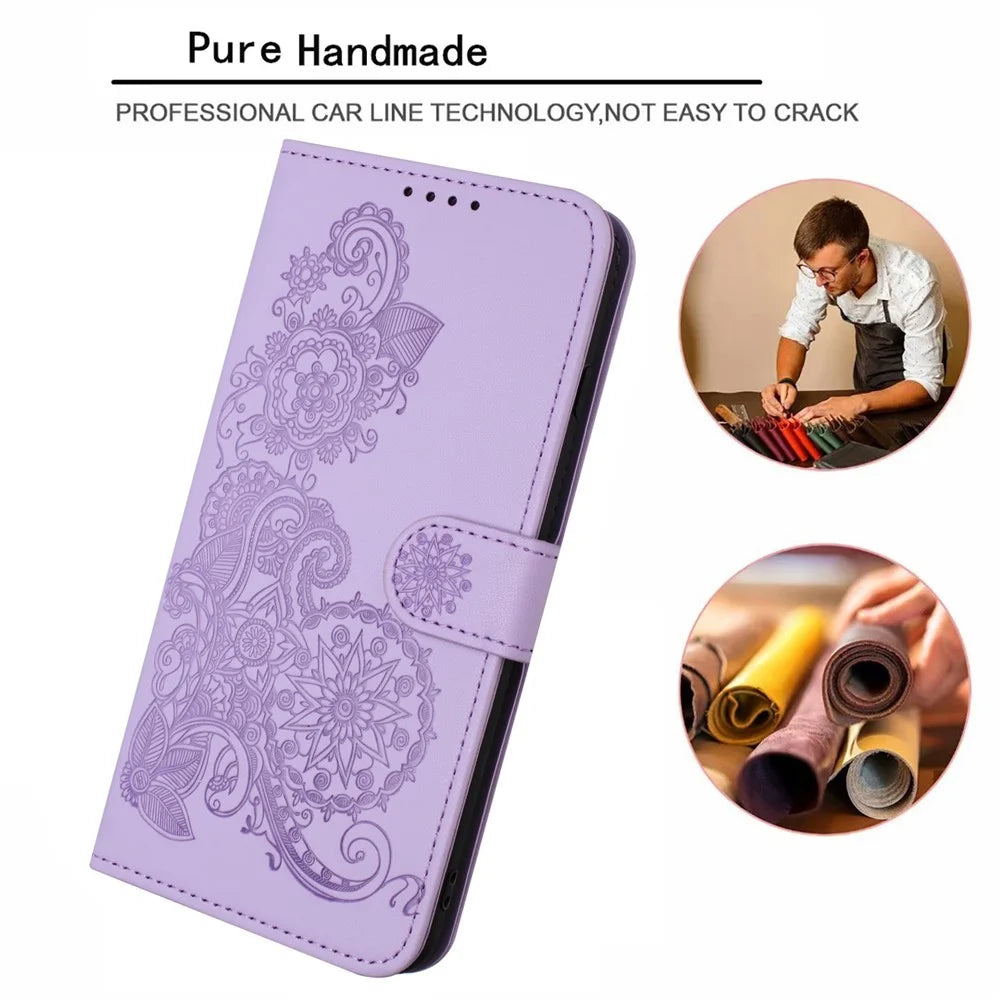 For Samsung Galaxy S24 Ultra Phone Cases Mandala Flower Leather Wallet Mobile Cover with Strap - Purple - 5