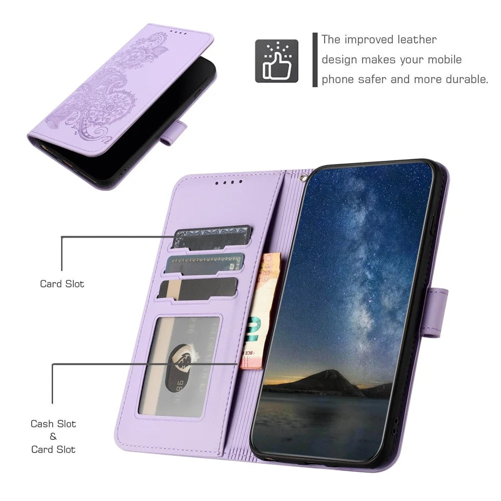 For Samsung Galaxy S24 Ultra Phone Cases Mandala Flower Leather Wallet Mobile Cover with Strap - Purple - 7