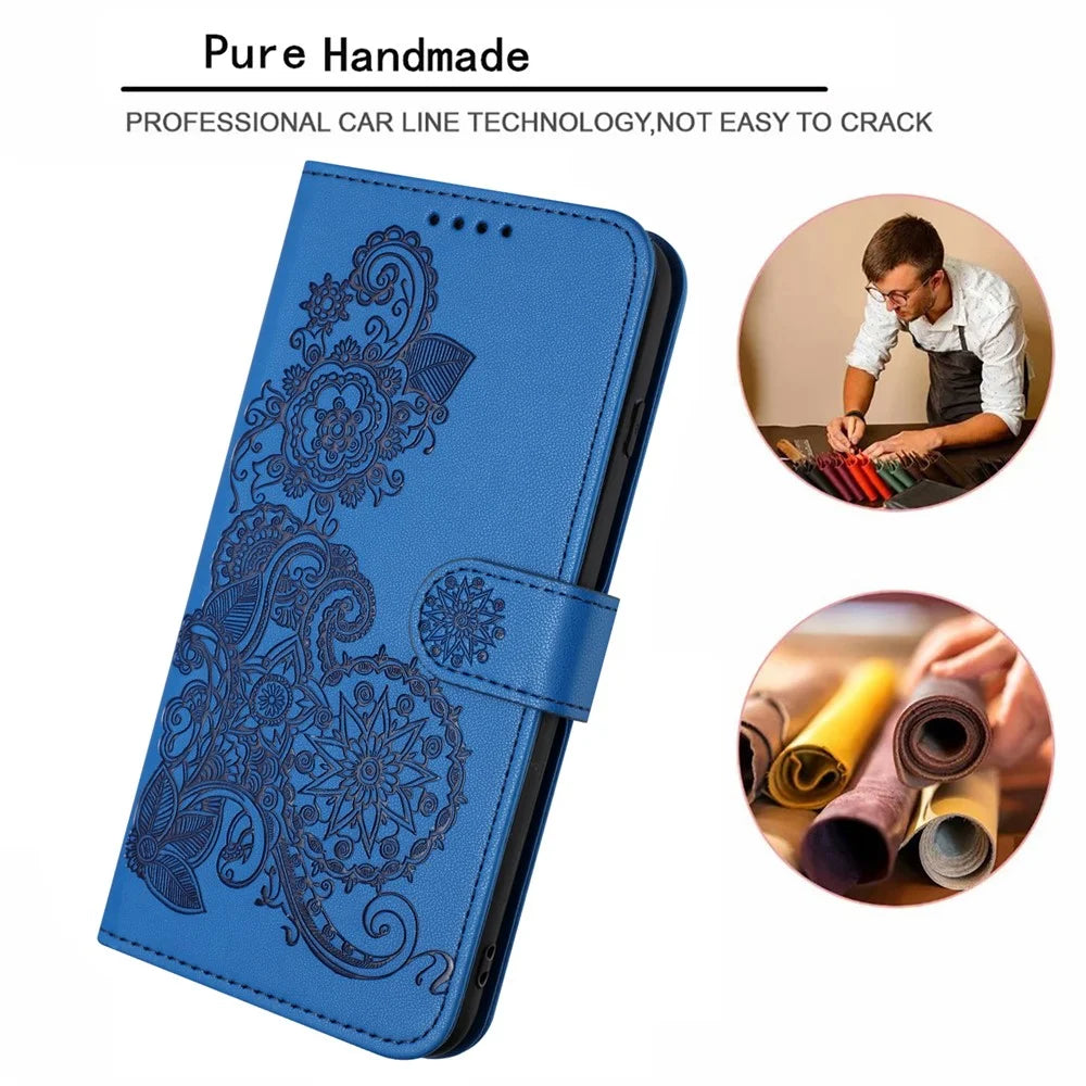 For Samsung Galaxy S24+ Phone Cases Mandala Flower Leather Wallet Mobile Cover with Strap - Sapphire - 5