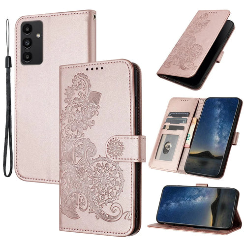 For Samsung Galaxy S24 Phone Cases Mandala Flower Leather Wallet Mobile Cover with Strap - Rose Gold - 1