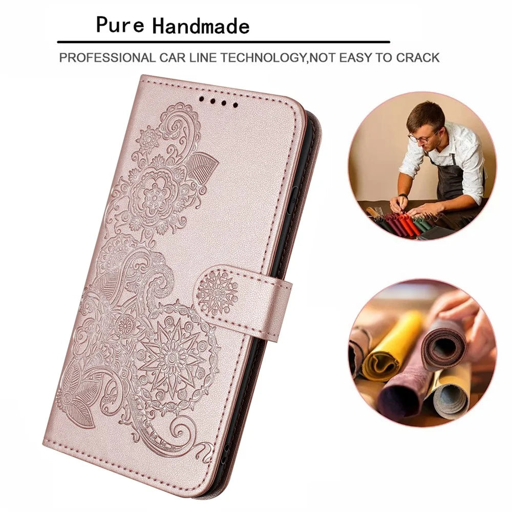 For Samsung Galaxy S24 Phone Cases Mandala Flower Leather Wallet Mobile Cover with Strap - Rose Gold - 5