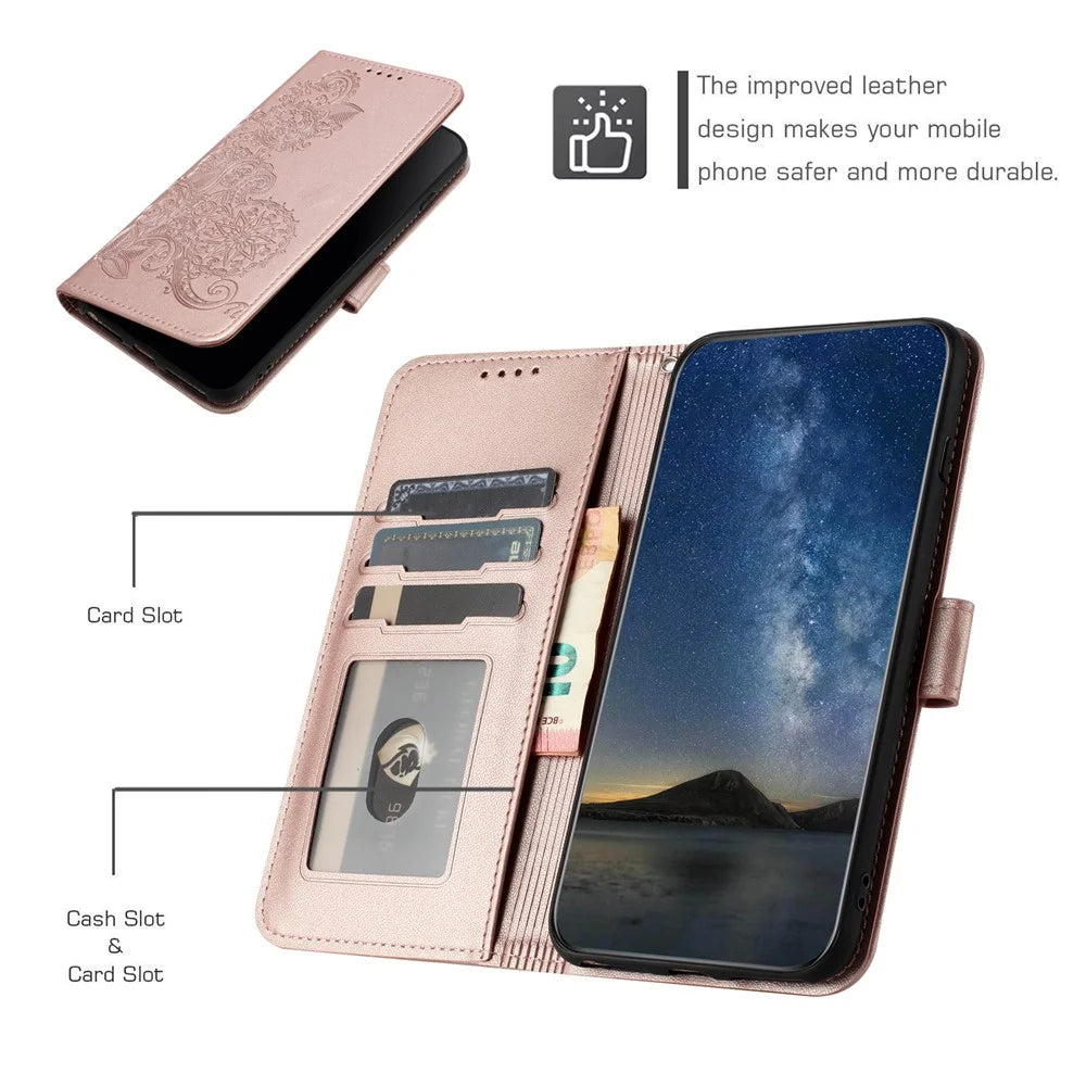 For Samsung Galaxy S24 Phone Cases Mandala Flower Leather Wallet Mobile Cover with Strap - Rose Gold - 7