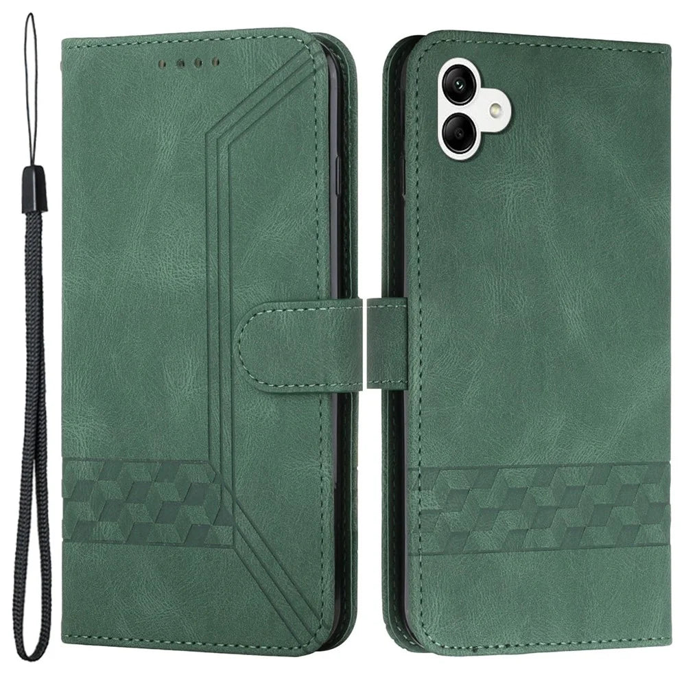 For Samsung Galaxy A05 4G Phone Case with Strap Imprint PU Leather Wallet Stand Cover - Blackish Green - 1