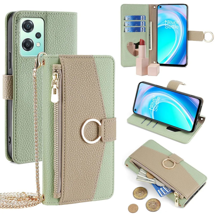 For OnePlus Nord CE 2 Lite 5G Leather Case Zipper Wallet Phone Cover Stand with Chain Strap - Green - 1