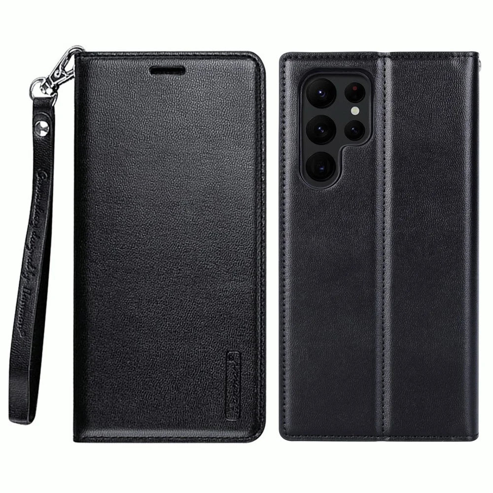 HANMAN Minuo Series For Samsung Galaxy S24 Ultra Magnetic Case PU Leather Wallet Phone Cover - Black - 1