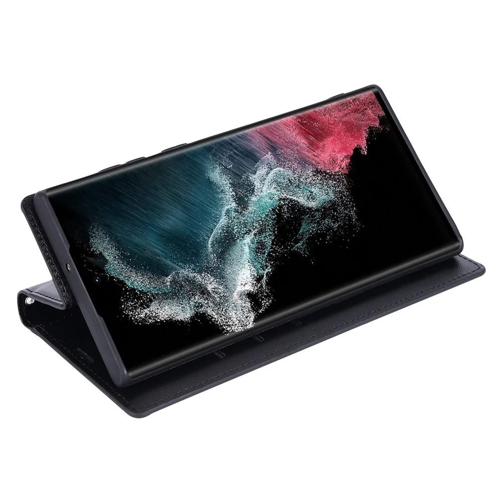 HANMAN Minuo Series For Samsung Galaxy S24 Ultra Magnetic Case PU Leather Wallet Phone Cover - Black - 2