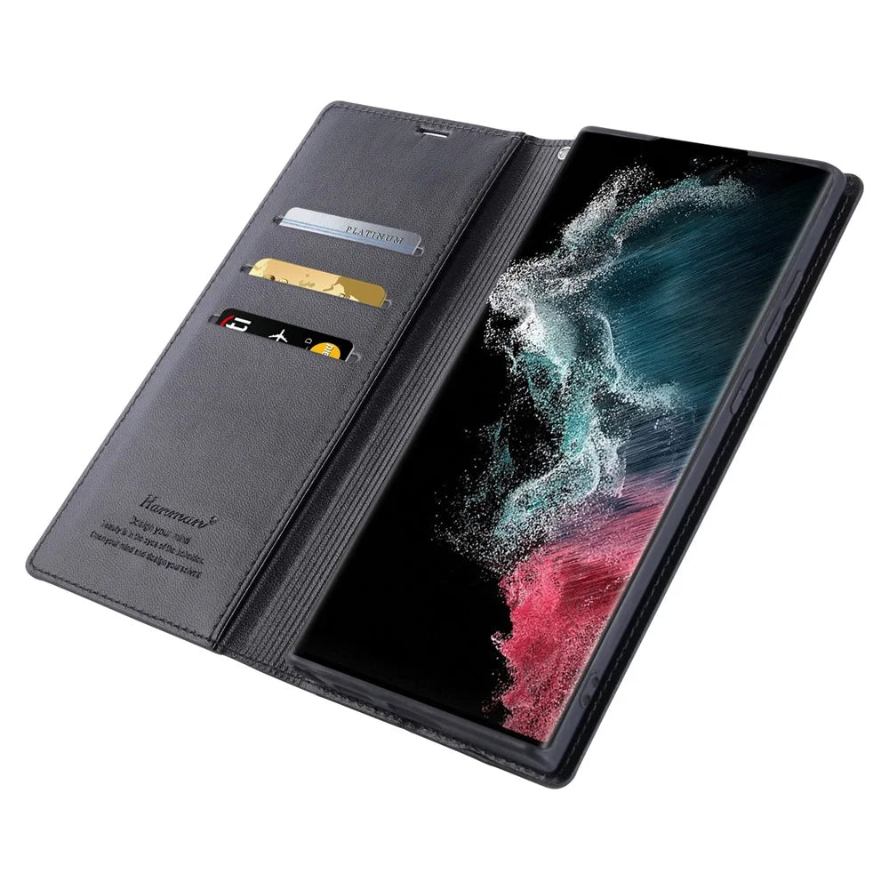 HANMAN Minuo Series For Samsung Galaxy S24 Ultra Magnetic Case PU Leather Wallet Phone Cover - Black - 3