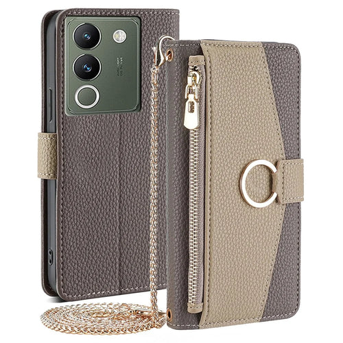 For vivo V29e (Global) 5G Case Zipper Pockets Leather Phone Cover with Strap - Grey - 1