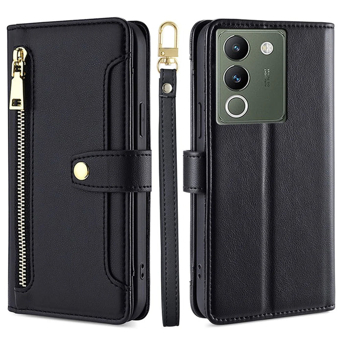 For vivo V29e (Global) 5G Case Wallet Leather Stand Phone Cover with 2 Straps - Black - 1