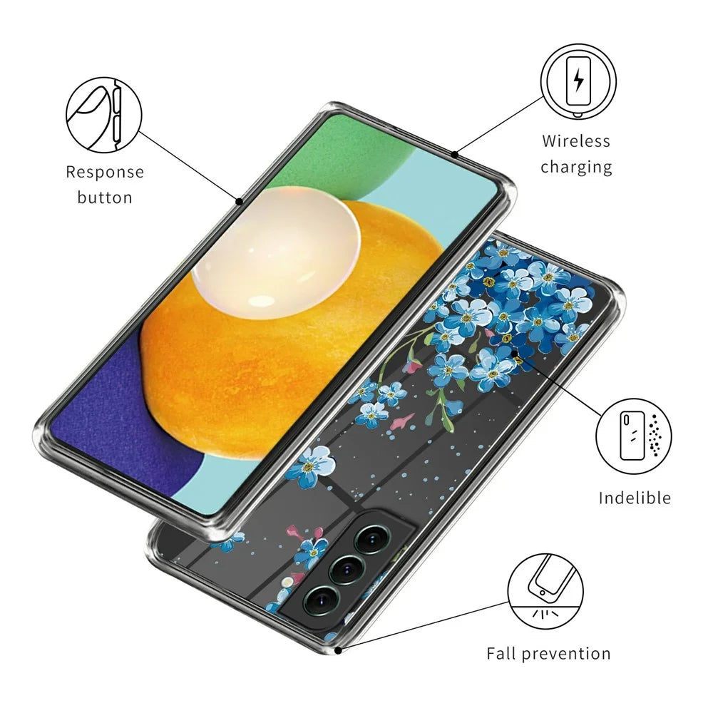 For Samsung Galaxy S24 Phone Case IMD Pattern Design Anti-scratch TPU Cover - Blue Flower - 3