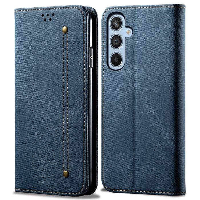 For Samsung Galaxy A35 5G Wallet Case Jeans Cloth Texture PU Leather Cover - Blue - 1