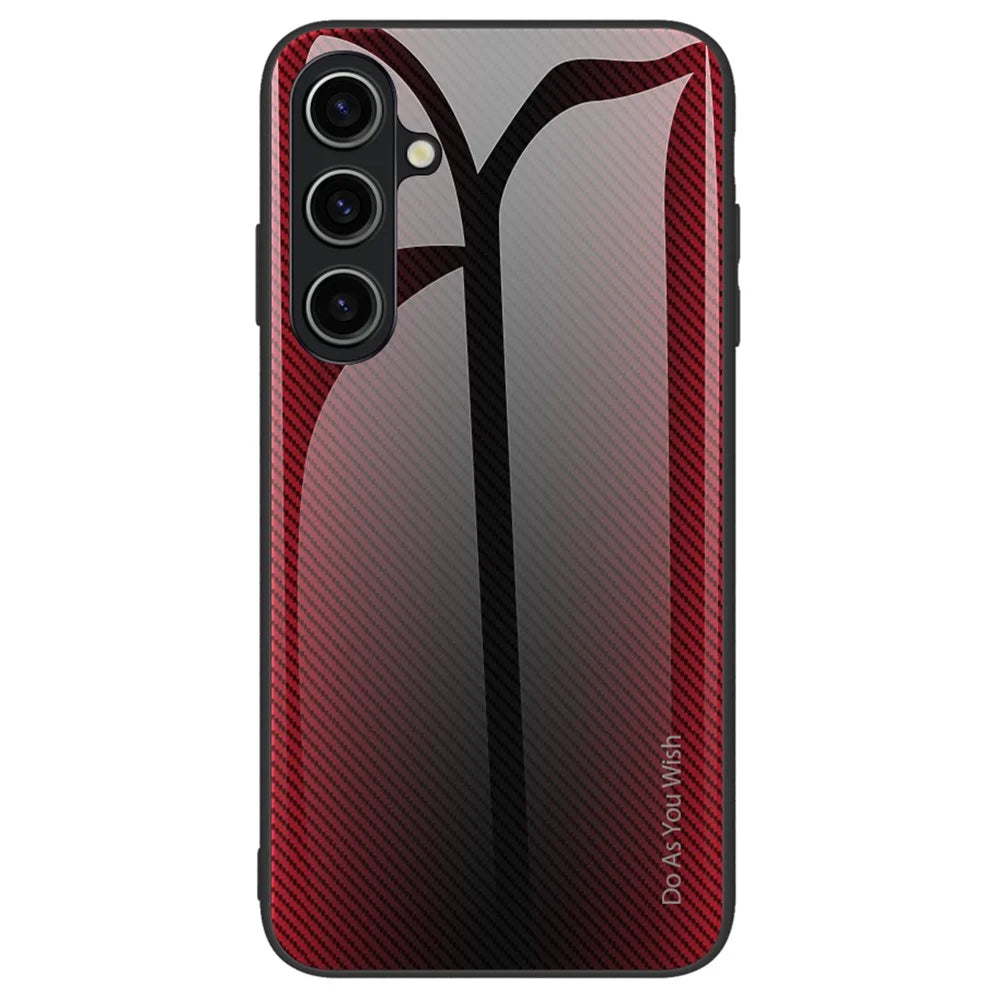 For Samsung Galaxy A15 4G Phone Case Carbon Fiber Texture Tempered Glass Back Cover - Red - 1