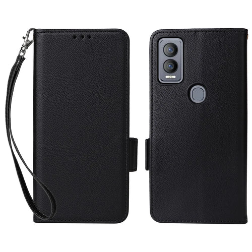 For Cricket Magic 5G / AT&T Propel 5G Leather Case Litchi Texture Wallet Phone Cover with Strap - Black - 1