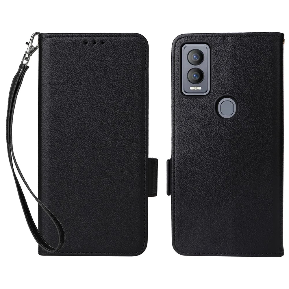 For Cricket Magic 5G / AT&T Propel 5G Leather Case Litchi Texture Wallet Phone Cover with Strap - Black - 1