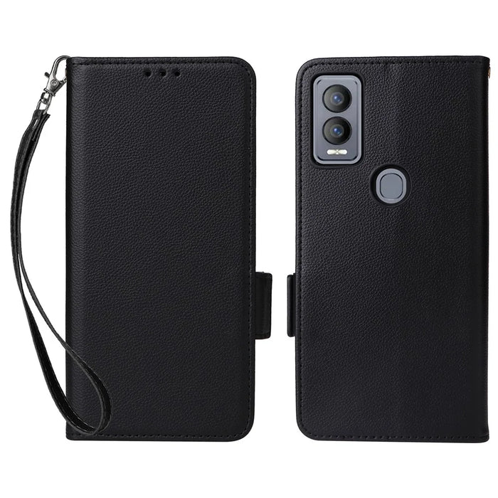 For Cricket Magic 5G / AT&T Propel 5G Leather Case Litchi Texture Wallet Phone Cover with Strap - Black - 1